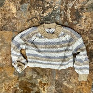 Free People Devon Cropped Sweater Striped Grey White Mock Neck
